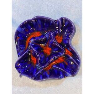 Ashtray, MCM, Ceramic, Asymmetrical Large, Purple Melted Red Swirls, USED